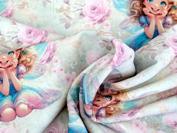 Eigenproduktion French Terry Zauberhafte Fee mit Blumen auf Cremeweiß